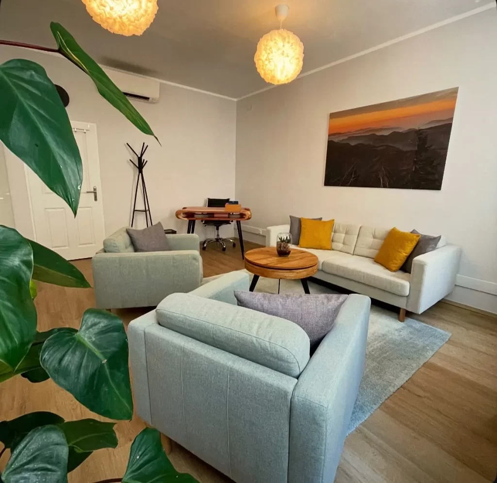 Übersicht Therapieraum mit Sofa, Sesseln und Schreibtisch in Erdtönen